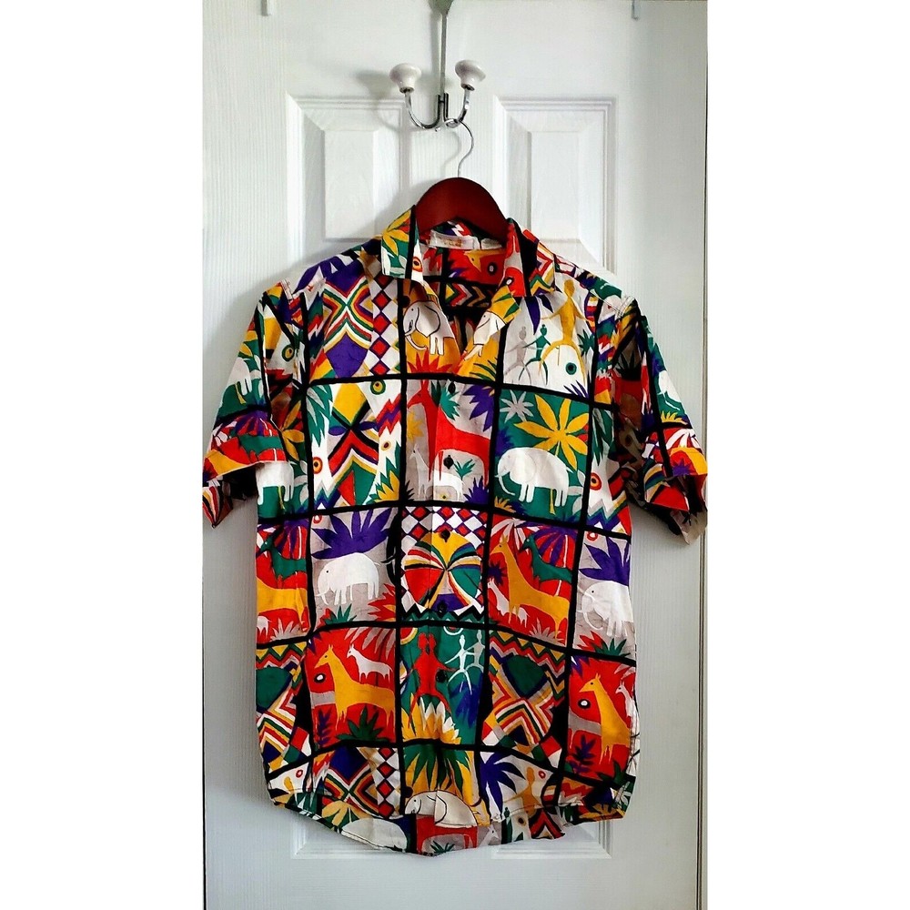 Vintage Gottex Unisex Animals Pattern Short Sleeves Button Up 100% Cotton Sz S